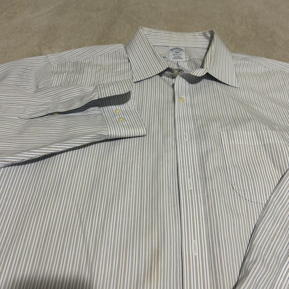 Brooks Brothers Dress Shirt Mens 17 34/35 Blue green White Striped Regular Fit